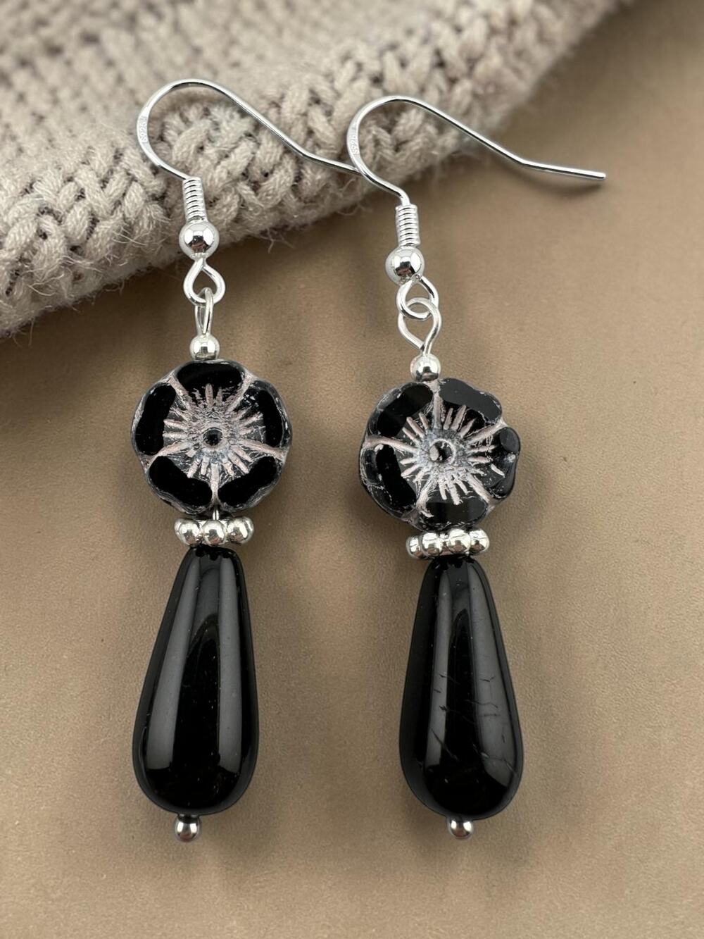 Black Czech Glass Hibiscus Flower Earrings Floral Teardrop Dangle 925 Sterling